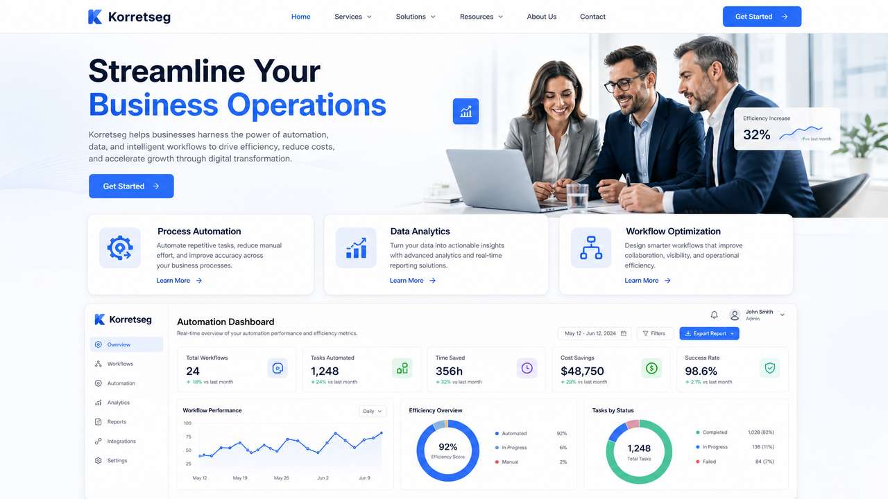 Korretség business services and automation dashboard interface
