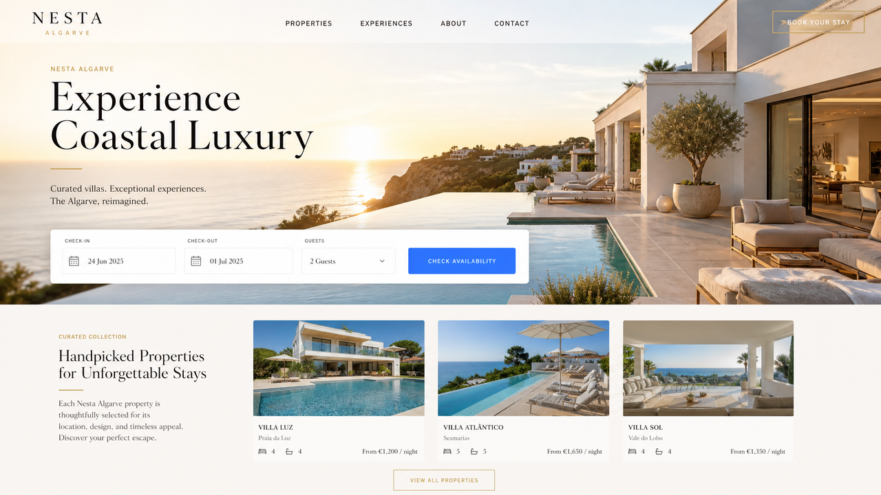 Nesta Algarve luxury villa booking website interface